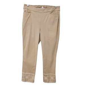 Chico's Tan Khaki Embroidered Hem Pull On Ankle Pants Stretch Boho‎ 2R US 12R